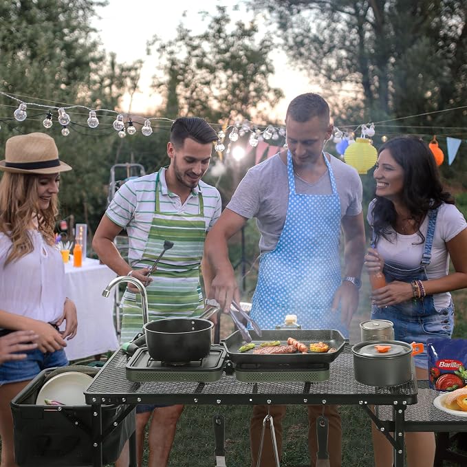 REDCAMP Lightweight Portable Camping Kitchen Table with Sink, Metal Folding Grill Table Cooking Station with Hooks for Outdoor, BBQ, Party and Picnic(Faucet/Sprayer Included)