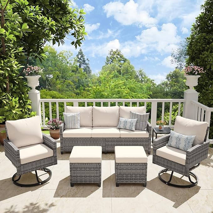 6 Piece Outdoor Furniture Set, Rattan Patio Furniture with 2 Swivel Chairs, 3-Seat Sofa, 2 Ottoman & Side Table, All-Weather Conversation Set for Porch Garden Lawn Balcony (Gray & Beige)