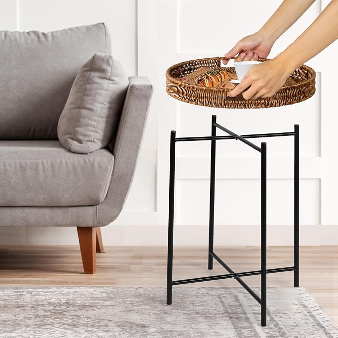 DINGTAI Small Wicker Round End Table, 16.5 in Rattan End Tables with Removable Tray, Waterproof Sofa Coffee Side Table, Indoor Outdoor Side Tables for Patio, Living Room Bedroom Office