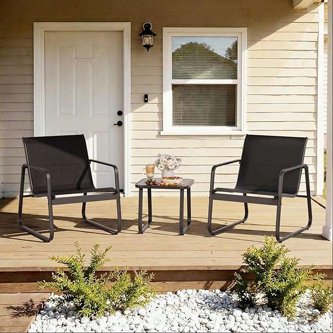 Gizoon Patio Chairs Set of 2, Patio Bistro Set 3PCS, Outdoor Patio Furniture Set with Rust-Resistant Metal Frame, 330LBS Capacity，for Balcony/Lawn/Patio/Pool, RCS Certified Recycled Material, Black