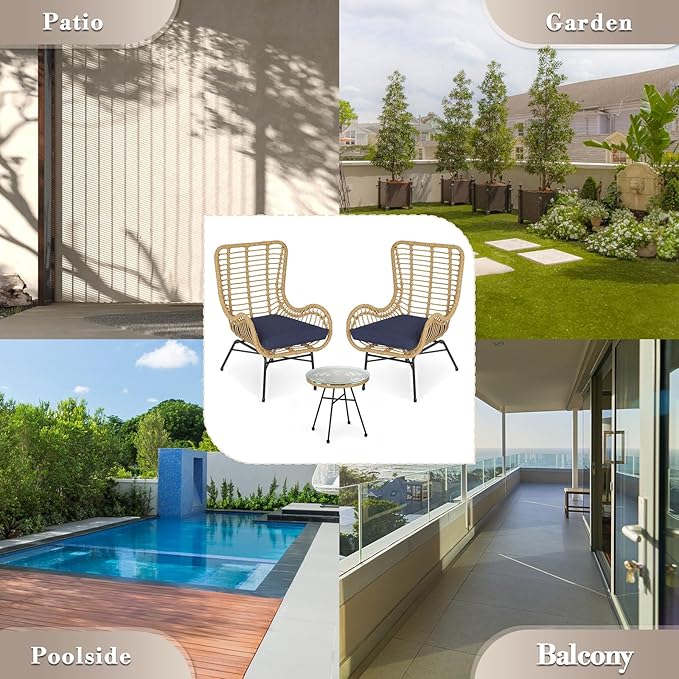 Athena Collection Patio Bistro Sets, 3 Piece All Weather Furniture Set Outdoor Conversation Set Glass Table and Rattan Chairs Set with Soft Cushions for Garden, Poolside, Backyard, Blue