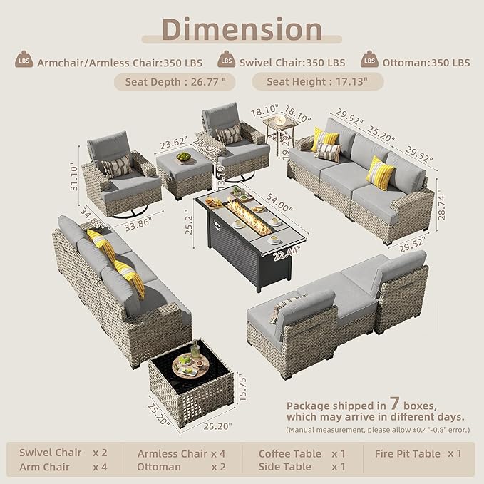 15-Piece Outdoor Sectional Sofa Set w/ 54" Fire Pit – L-Shaped Wicker Patio Furniture, Deep Seating & Swivel Rockers, Dark Gray