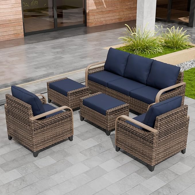 Modern Wicker Patio Furniture Set, Rattan Outdoor Conversation Set with Comfortable Cushions, 2 Patio Chairs, 3 Seat Couch and 2 Ottomans, 5 Pieces, Brown/Blue