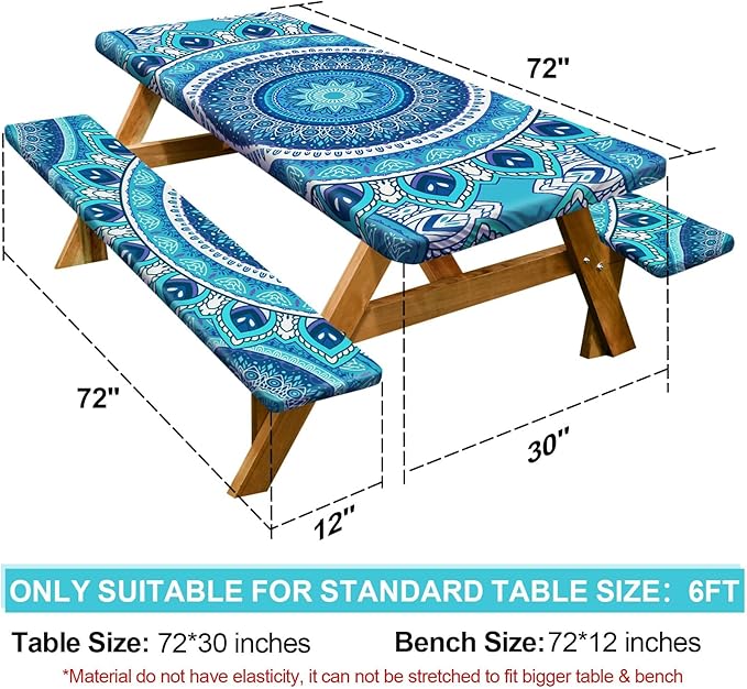 Picnic Table Cover with Bench Covers Camping Essentials Waterproof Windproof Camping Tablecloth with Drawstring Bag, Fitted Rectangle Tables and Seats, 72in, Air Superiority Blue