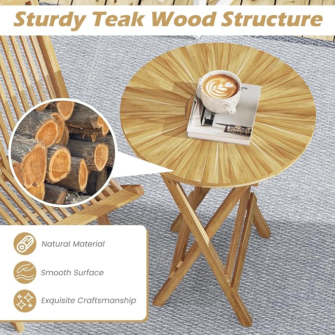 Tangkula Patio Folding Side Table, 23.5" Teak Wood Round End Table with Slatted Tabletop & X-Shaped Frame, Portable & Compact Bistro Table for Backyard, Poolside, Garden, Fully Assembled, Natural
