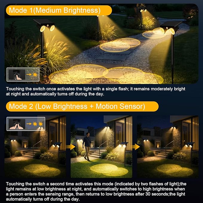 Solar Spot Lights Outdoor Waterproof 2Pack,2 Modes Motion Sensor Landscape Lighting for Outside Yard Garden Pathway,2-in-1 Wall&Spot LED Lights with 360° Adjustable Dual Heads(Warm Light)