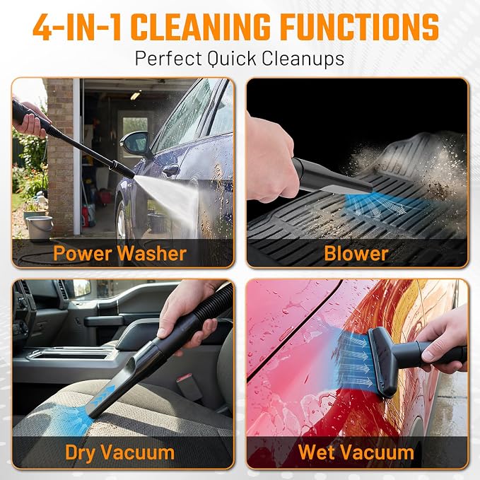 This Hill 4-in-1 Pressure Washer and Wet/Dry Vacuum, 2800 PSI Max 1.7 GPM Electric Power Washer, 1400W Multi-Function Cleaner with Blower and Foam Cannon for Cars, Patio, Garage and Home Cleaning