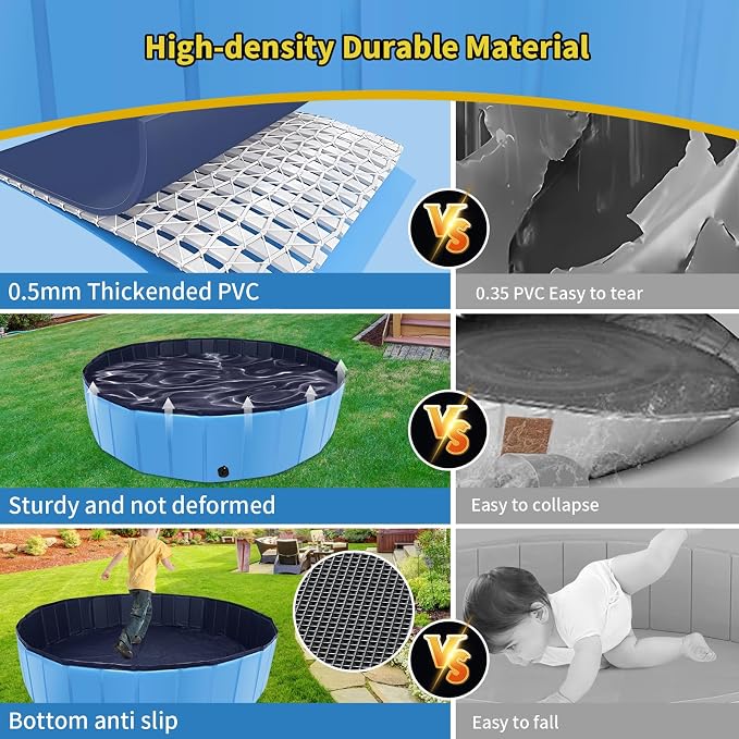 CACSPS Foldable Dog Pool, 63" x 12" Kiddie Pool with Hard Plastic, Non-Slip Dog Bath Tub for Outdoor Backyard, Collapsible Dog Swimming Pool for Kids Dogs Pets (Blue)