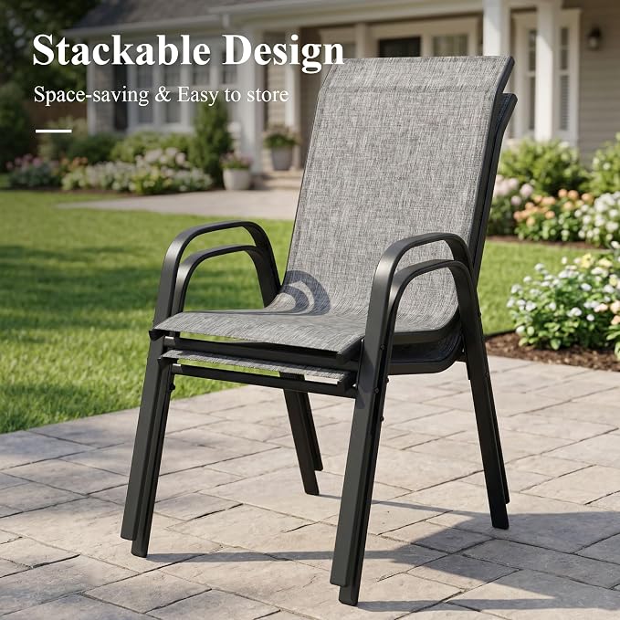 5 Pieces Outdoor Dining Set, 40.7" Spliced Patio Table with Umbrella Hole & Stackable Outdoor Dining Chairs, Patio Furniture Set for Deck Garden Porch, Grey Chairs & Dark Grey Table