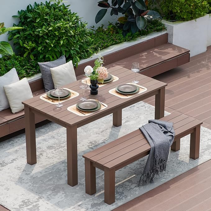 59" Outdoor Backless Bench, 3-Person Poly Lumber Patio Bench, Anti-Rot Anti-Fade Weatherproof HIPS Bench, Low Maintenance, for Garden, Porch, Park & Backyard, Indoor & Outdoor Use，Brown