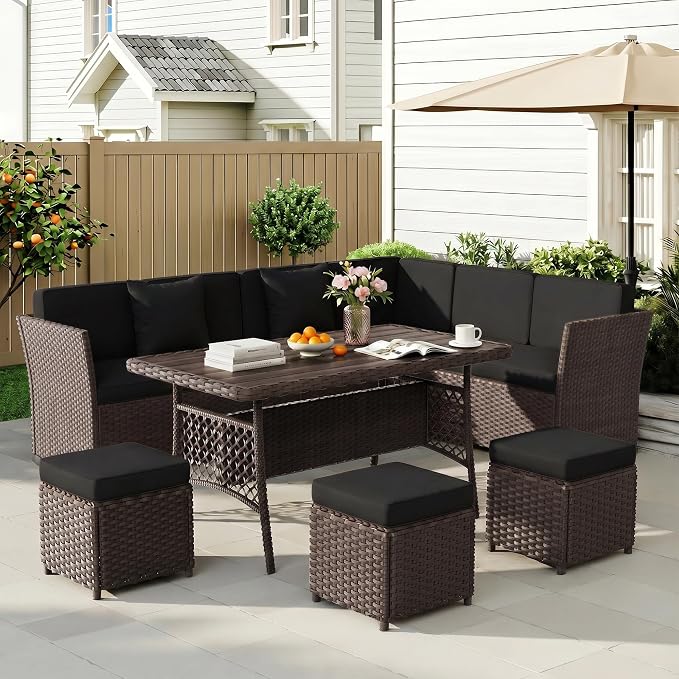 LOUVIXA 7 Pieces Patio Furniture Set, Outdoor Patio Furniture, Wicker Conversation Set with Dining Table, Chairs and Ottoman