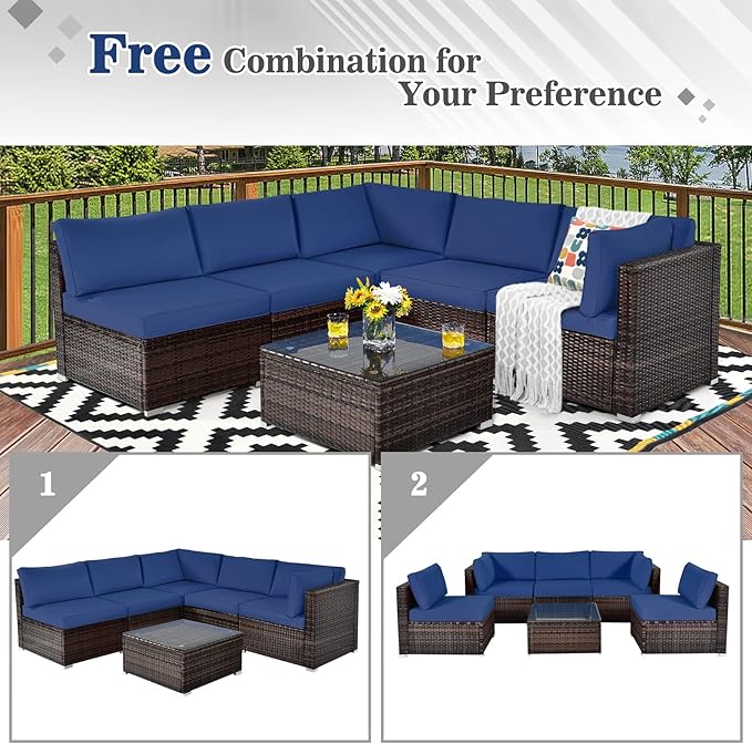 COSTWAY 6-Piece Outdoor Patio Furniture Set, Rattan Sectional Sofa Set with Tempered Glass Coffee Table and Cushions for Garden, Deck, Backyard (Navy)