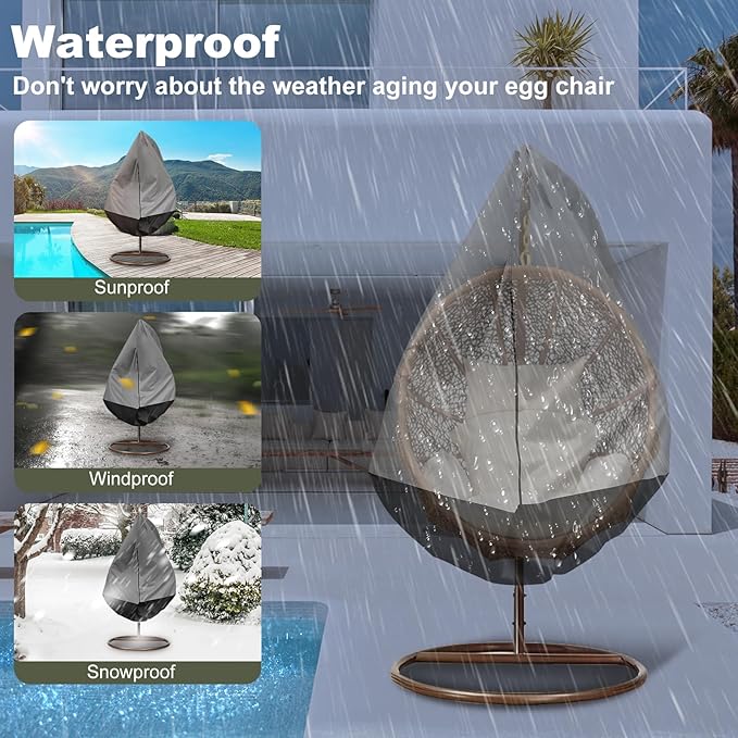 Outdoor Furniture Covers Waterproof, Patio Egg Chair Cover with Zipper,Outdoor Hanging Egg Chair Cover,UV Resistant, Windproof Heavy Duty,Wicker Egg Swing Chair Covers,Fits Single Seat Egg Chair, Gray
