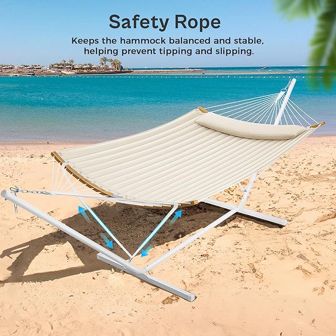 SUPERJARE Hammock with Stand, 2 Person Heavy Duty Hammock with Padded Cotton, Detachable Pillow & Strong Curved-Bar & Portable Carrying Bag, Perfect for Outdoor & Indoor, Beige