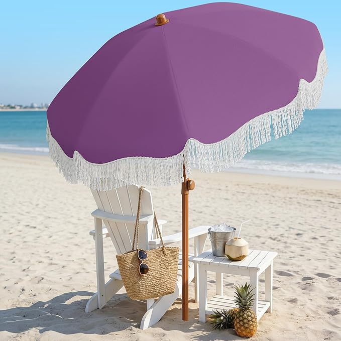 AreShark 7ft Patio Umbrella with Fringe, UPF50+ Beach Umbrella for Table, Pool & Garden, Portable Outdoor Tassels Umbrella w/Fiberglass Ribs&Push Bottom Tilt(Lavender)