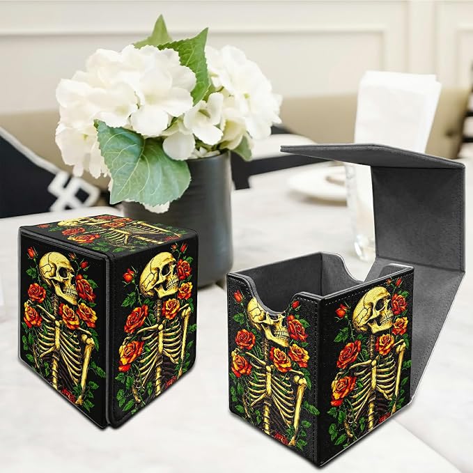 Deck Box for MTG, Cards Storage Box Fits 120+ Sleeved, Leather Medium Size Strong Magnetic Closing Card Case for Board Games Magic TCG CCG Baseball Collection, Skull Red Rose