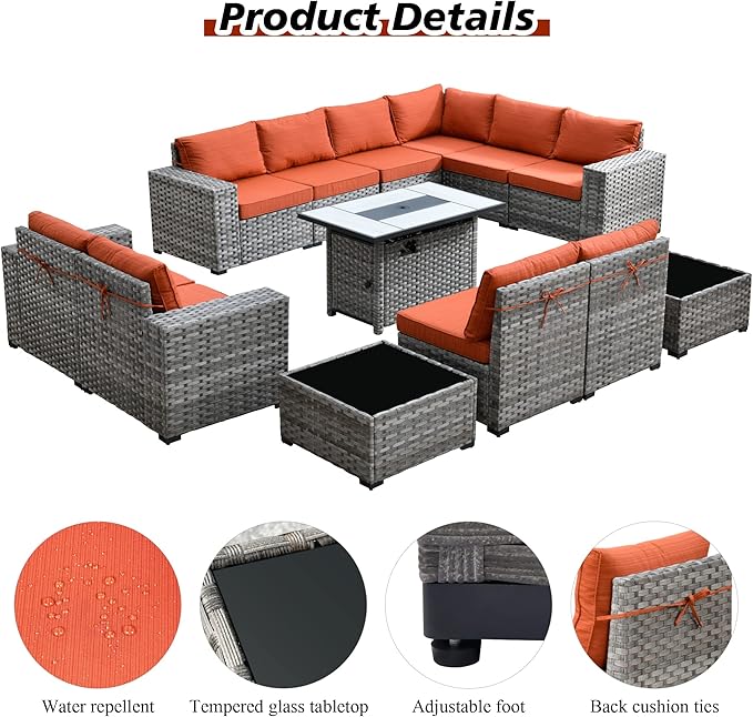 HOOOWOOO Outdoor Patio Sectional Furniture Sofa Set with Propane Fire Pit Table,13 Piece Large Modern Wicker Couch with Widened Armrest,Modular L Shaped Conversation Seating Set(Orange Red)