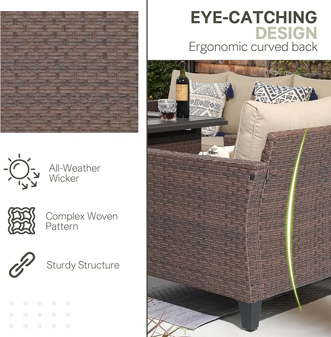 SUNSITT Outdoor Patio Furniture Set with Fire Pit Table 7 Piece Wicker Conversation Set with 43in Propane Firepit Sectional Dining Set 3 Seat Sofa Couch with Ottoman, Brown Wicker & Beige Cushion