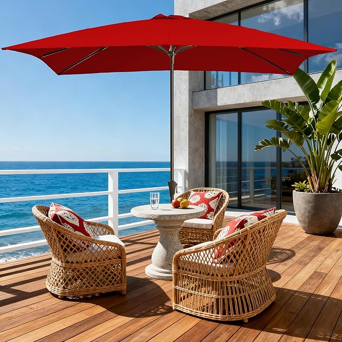 8x10FT Rectangular Patio Umbrella with Crank Lift for Garden,UV Protection Outdoor Umbrella for Deck,Pool and Yard,Red