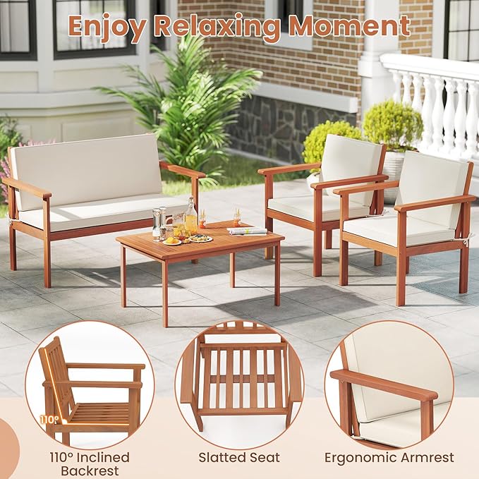 Tangkula 8 Pieces Acacia Wood Patio Conversation Set, Outdoor Wooden Cushioned Chairs & Slatted Coffee Table Set,for Backyard, Porch, Balcony, Poolside and Lawn (Off White,2)