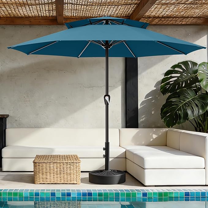 AreShark 12ft 2 Tiers Patio Umbrella - Outdoor Umbrella Waterproof UV Protection, Market Table Umbrella w/ 8 Sturdy Ribs&Crank for Pool, Porch, Garden(Lake Blue)