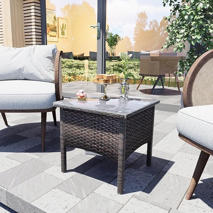 Rattan Side Table,Outdoor Patio Wicker Table,Modern Patio End Side Table with Glass Countertop and Storage Space,for Garden Balcony Porch (Brown2)