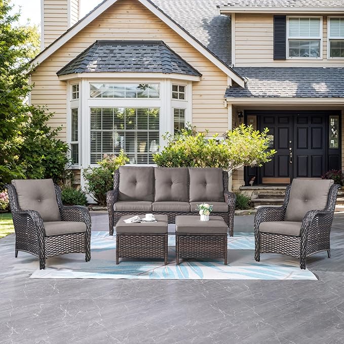 Belord Outdoor Wicker Furniture 5 Pieces Patio Furniture Sofa Set Patio Wicker Chairs with Ottomans Conversation Set for Porch Garden Deck Balcony Poolside