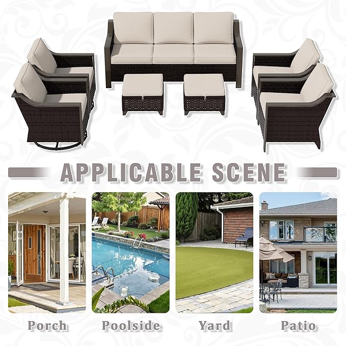 7 PCS Wicker Patio Conversation Set, All-Weather Use Outdoor 2 PE Rattan Swivel Chair, 2 PE Rattan Chair, 2 Ottoman, 1 Patio Sofa, Removable Water-Resistant Cushion, Beige