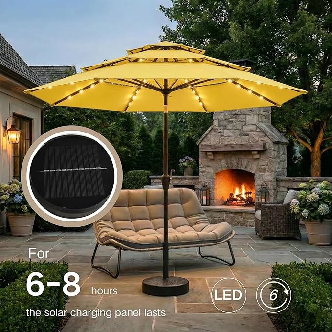 Kingdura 10ft 3-Tier Patio Umbrella with Solar Lights, Table Umbrella Outdoor Patio with Easy Crank & Tilt, 8 Sturdy Ribs, UV Protection, 32 LED Lights for Deck, Poolside, Market (Yellow)