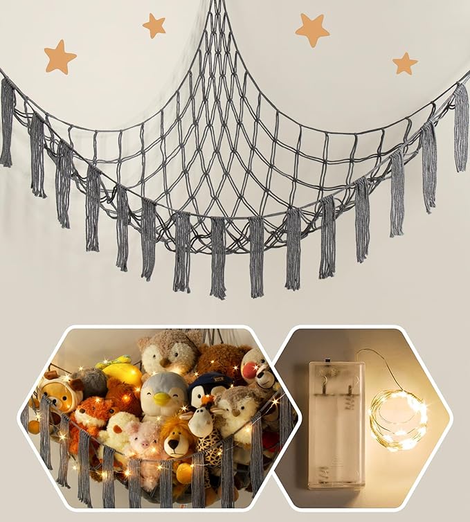 Stuffed Animal Hammock Corner Storage with LED Light - Pluish Hammock Large Plushie Net - Stuffed Animal Holder Hanging Organizer - Teddy Bear Hammocks Room Decorations