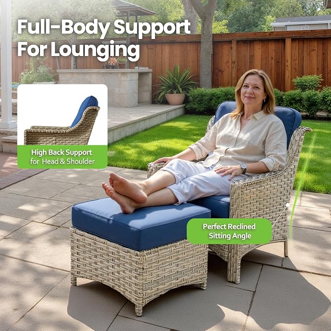 4 Piece Patio Furniture Set with Solar Light Coffee Table, Heavy Duty Wicker High Back Sofa Chairs with Thick Cushion, Small Outdoor Conversation Sets for Backyard Garden Porch, Navy Blue
