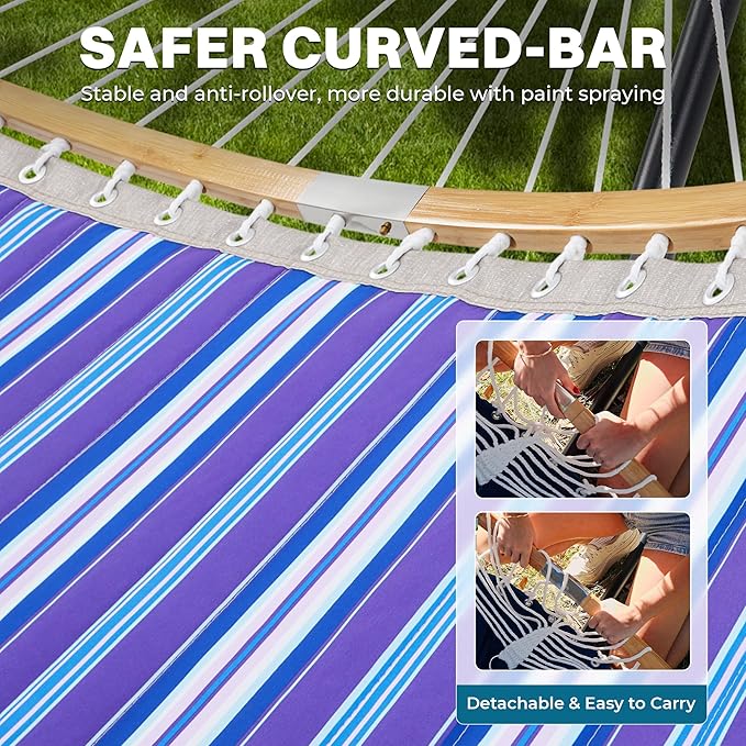 SUPERJARE Curved-Bar Hammock with Stand, 2 Person Heavy Duty Hammock Frame, Detachable Pillow & Portable Carrying Bag, Perfect for Outdoor & Indoor, Deep Ocean Fine Stripe