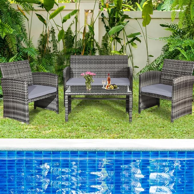 Outdoor Conversation Set, 4 Pieces Wicker Patio Furniture Set with Ergonomic Curved Design, Patio Chair Set with Water-Resistant Cushion & Tempered Glass Table for Balcony, Porch(Gray)