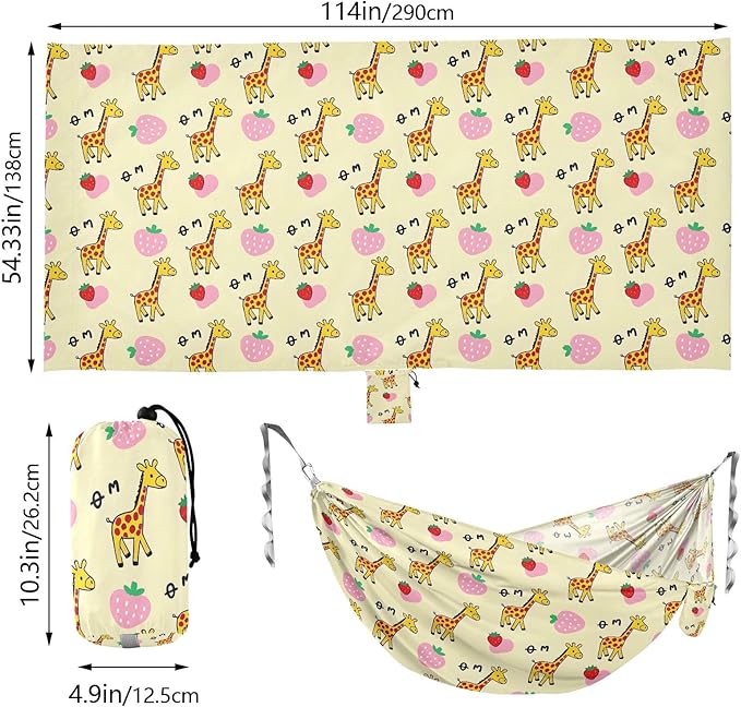 Camping Hammock Outdoor Hammocks for Outside Strawberry Giraffes Beach Trees Portable Lightweight with Pockets Tree Straps Indoor