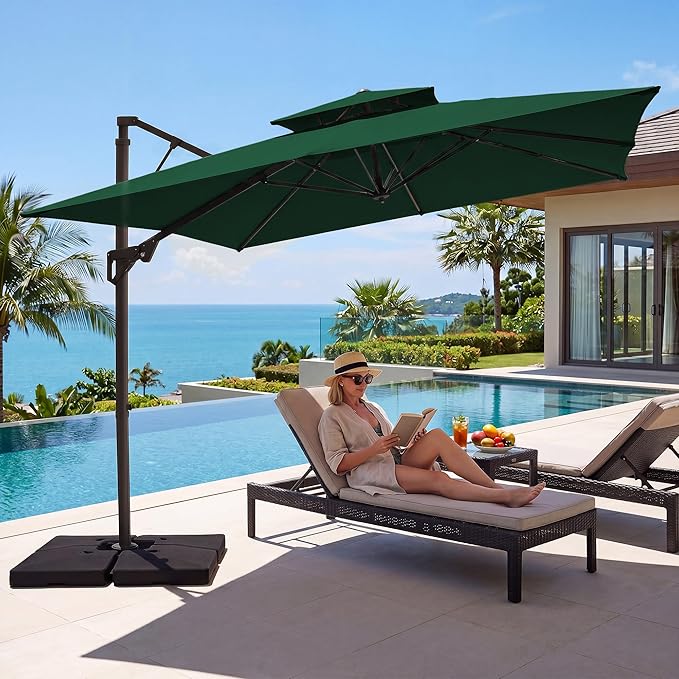 JEAREY 12ft 2-Tier Cantilever Patio Umbrella, Large Square Outdoor Offset Umbrella with Double Top Vent and 360-degree Rotation for Garden, Deck, Pool, Patio, Dark Green