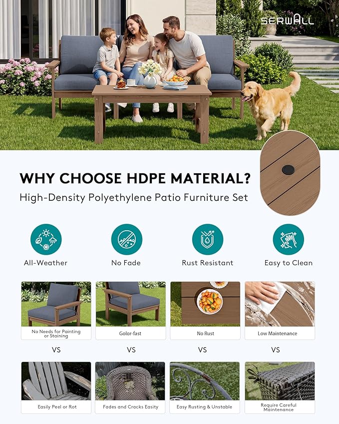 SERWALL HDPE Patio Sofa Set, 4-piece Outdoor Sectional Furniture Set, All Weather Outdoor Couch Set Patio Furniture Set for Deck, Lawn, Brown Frame with Grey Cushion