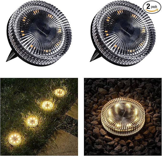 Glass Solar Ground Lights with Ray Style, Modular-Design Waterproof In-Ground Light for Patio Pathway Lawn Yard Deck Walkway, Decorative Disk Lighting for Garden Bed, Warm White (2 Pack)