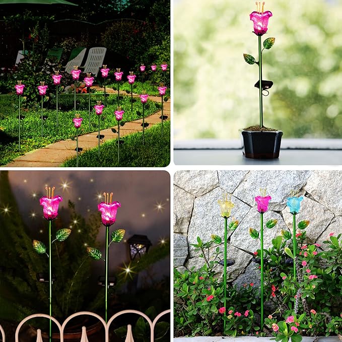 VChymm Outdoor Decorative Flowers 2 Pack, Waterproof Pink Glass Lily Flower Lights, Auto ON/Off Solar Decorative Lights for Garden, Patio, Backyard