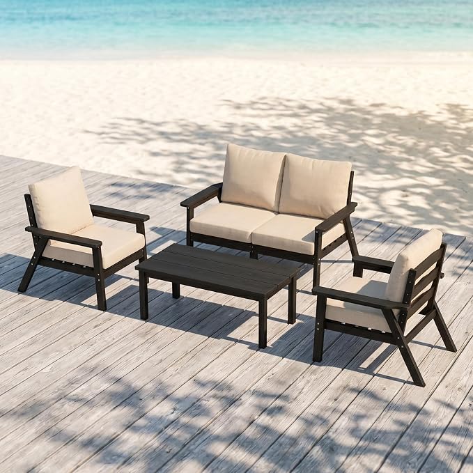 PLUUV 5-Piece HDPE Patio Furniture Set, Outdoor Sectional Conversation Set with Thick Washable Cushions & Coffee Table, All-Weather Modular Couch, Black Frame with Khaki Cushion