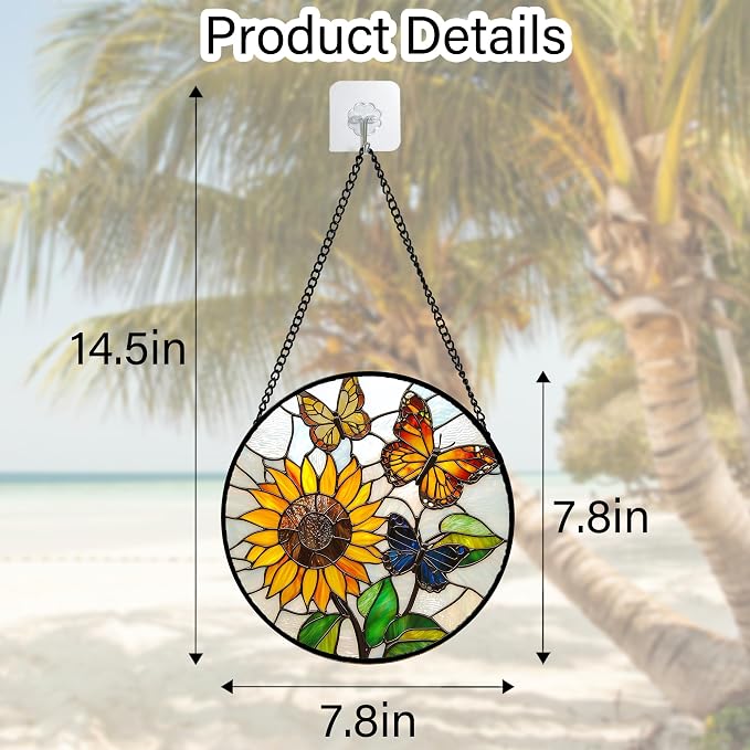 DASTOLL Stained Glass Window Hanging, Butterfly and Sunflowers Sun Catchers Glass Panel Plant Insects Suncatcher Decor for Birthday for Women, Men, Wife, Aunt, and Mom 7.8 in