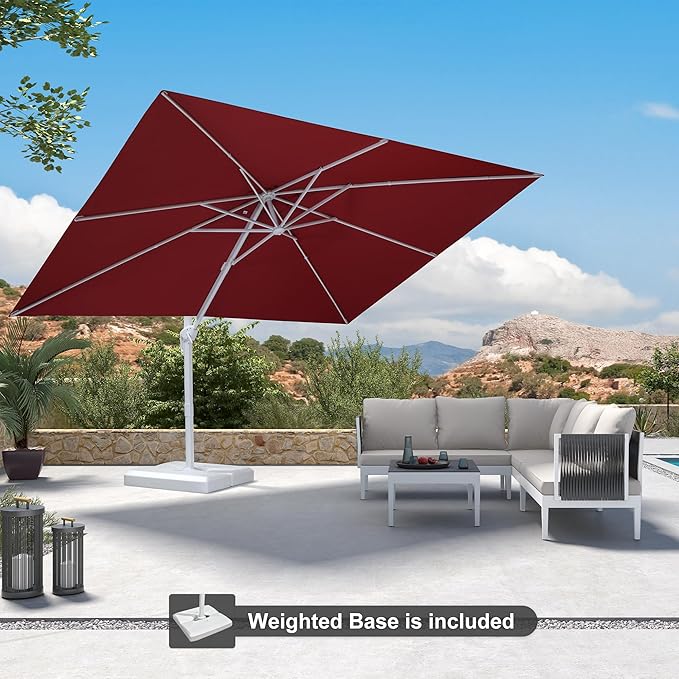 PURPLE LEAF 9' × 11.5' Patio Umbrella With Base White Cantilever Umbrella Square Outdoor Offset Windproof with 360° Rotation for Garden Deck Pool, Ruby Red
