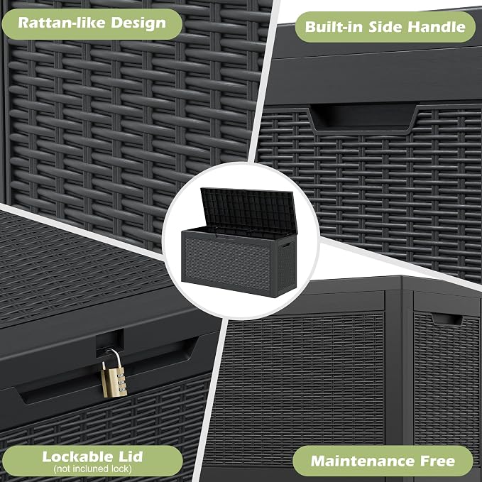 Outdoor Storage Box, 72 Gallon Resin Deck Boxes Outdoor Waterproof For Patio Furniture, Garden Tools, Pool Supplies, Lockable And UV Resistant (Rattan Black)