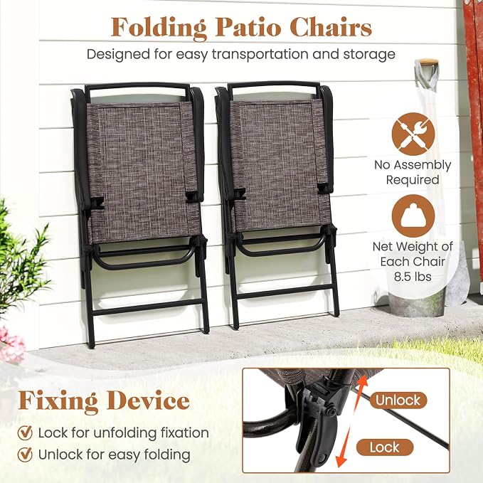 DORTALA Outdoor Bistro Set 3 Piece, Small Patio Furniture Set with Round Table & Folding Dining Chairs, Umbrella Hole, Conversation Set for Balcony, Porch, Backyard, Deck