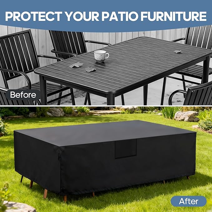 DUMOS Outdoor Furniture Cover, Rectangular Heavy Duty 600D UV Resistant & Waterproof Patio Furniture Covers for Deck Table and Chairs, Backyard Patio Dining Sets, 126"L x 63"W x 28"H, Black
