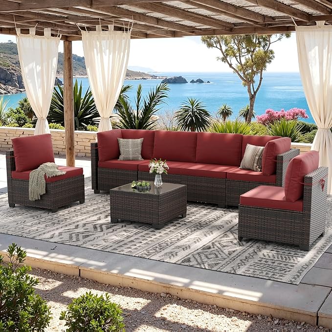 Soohow 8 Piece Patio Furniture Set with 44" Fire Pit Table, Outdoor Sectional Wicker Rattan Conversation Set for Garden, Porch, Backyard - Wine Cushions