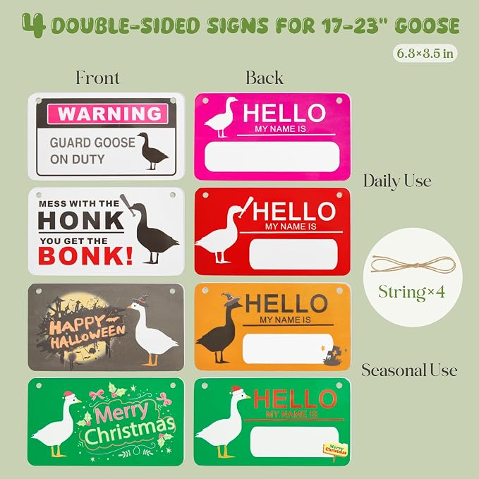 4PCS Writable Sign Board Set for 23 Inch Porch Goose Statue, Double-Sided Hanging Neck Signs with Rope, Goose Accessories for Daily Halloween Christmas Yard Decor (Sign Board Set)