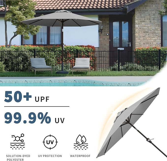 10FT Patio Umbrella, Outdoor Umbrella with Push Button Tilt and Crank, 8 Sturdy Ribs, UV Protection & Waterproof Market Umbrella for Pool, Backyard, Beach,Deck (Light Gray)