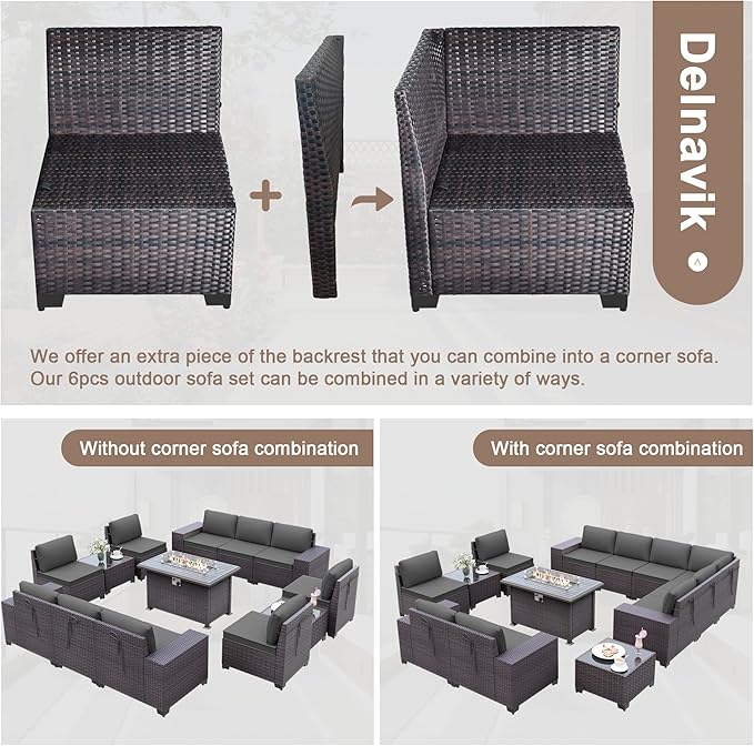 Patio Furniture Sectional Sofa Set 13PCS PE Rattan Patio Conversation Set w/43in Gas Fire Pit Table, Outdoor Furniture with 55000 BTU Propane Fire Pit, Grey