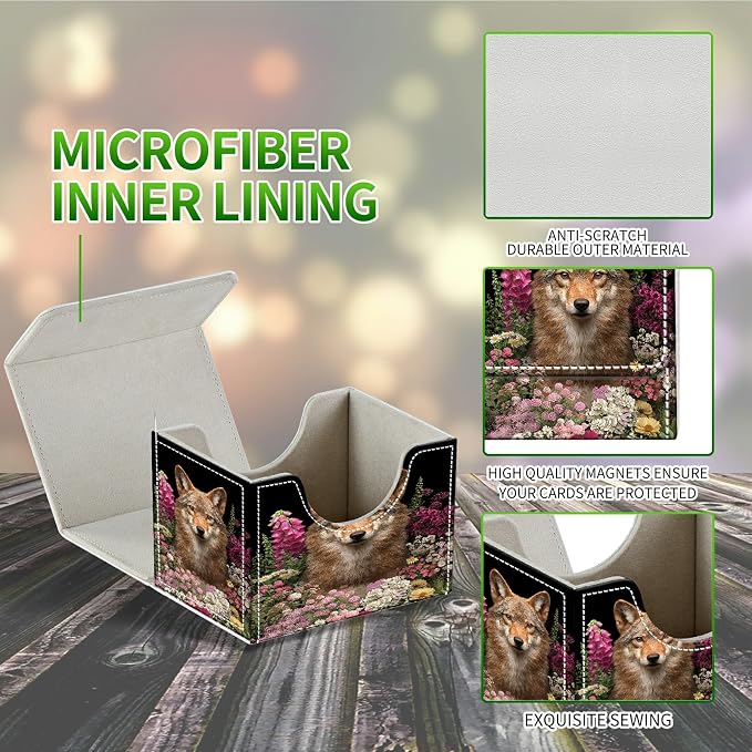 Card Deck Box for MTG, Cards Storage Box Fits 120+ Sleeved, Leather Small Size Strong Magnetic Closing Card Case for Board Games Magic TCG CCG Baseball Collection, Flower Wolf