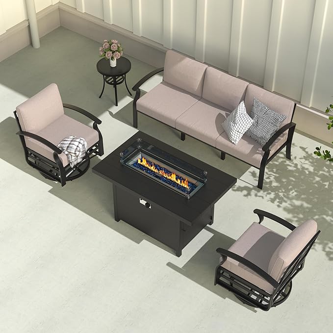 Aluminum Outdoor Patio Furniture Set,5 Pieces 5 Seats Metal Patio Sectional Furniture Set,Patio Conversation Sets with 45" Propane Fire Pit Table,Swivel Rocking Chairs Set,Sand
